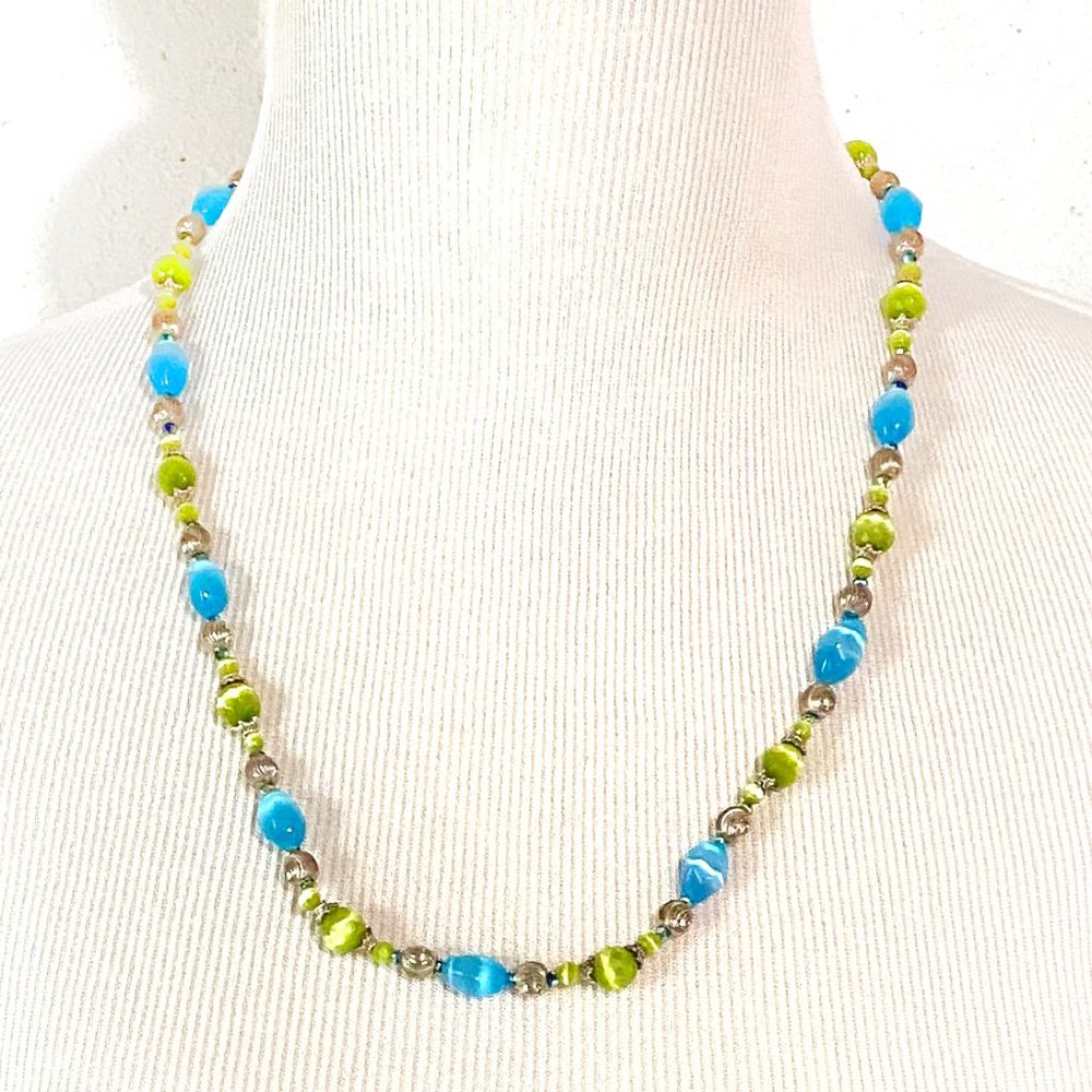 Handmade Blue and Green Cats Eye Sterling Silver 22 Inch Artisan Beaded Necklace - Picture 2 of 11